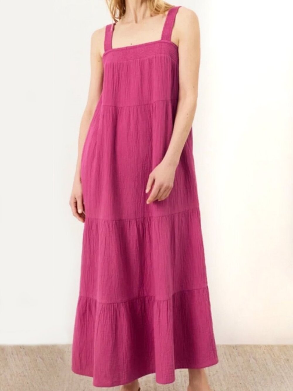 Pact Coastal Double Gauze Strappy Tiered Maxi Dress in Cactus Flower Pink